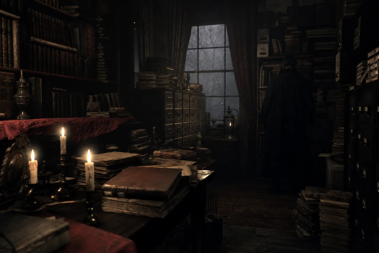 El Archivista: estudio victoriano con documentos y velas