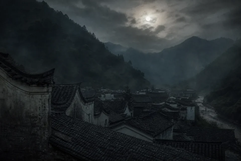 Asia: paisaje ancestral en niebla nocturna
