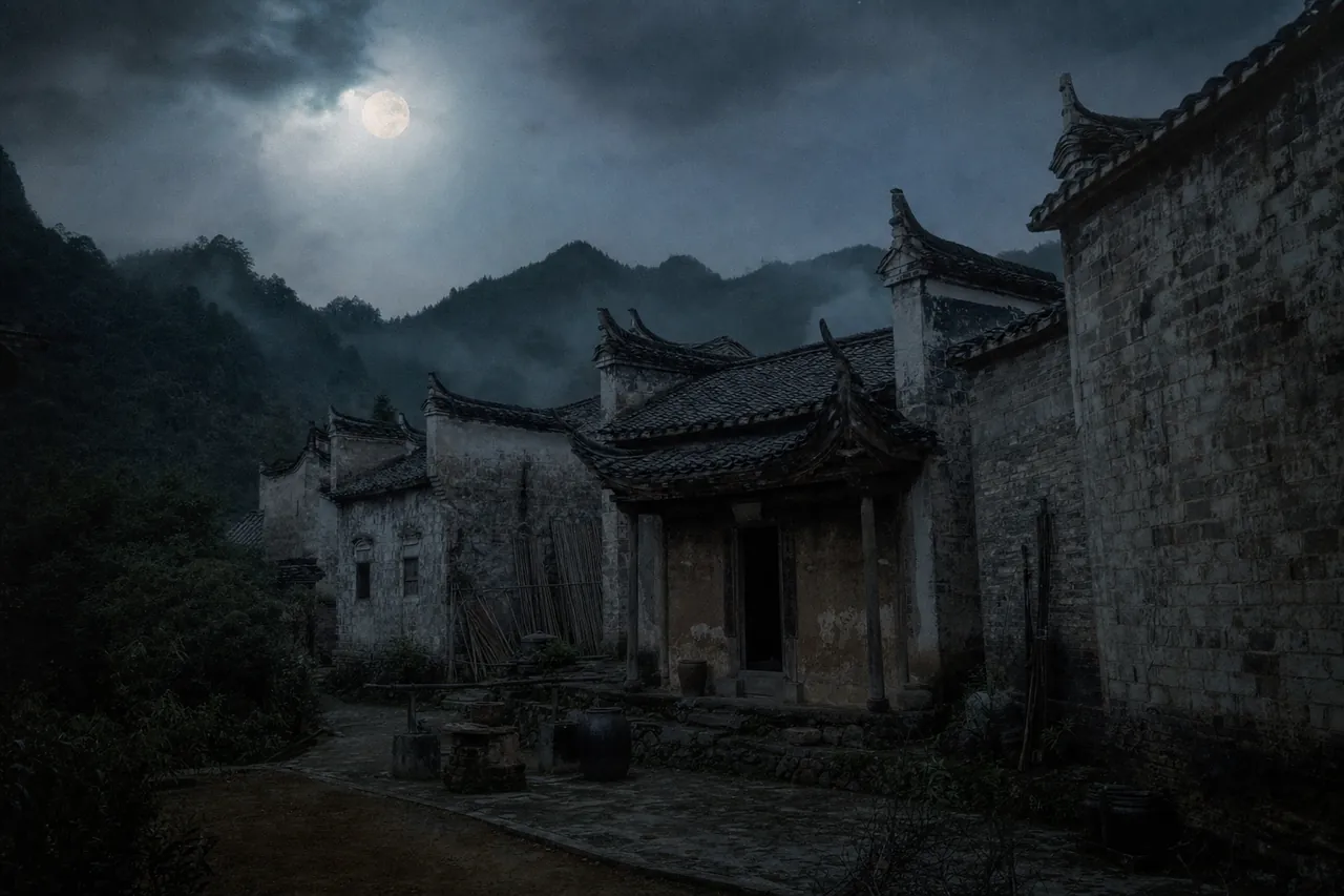 China: aldea ancestral en bruma nocturna