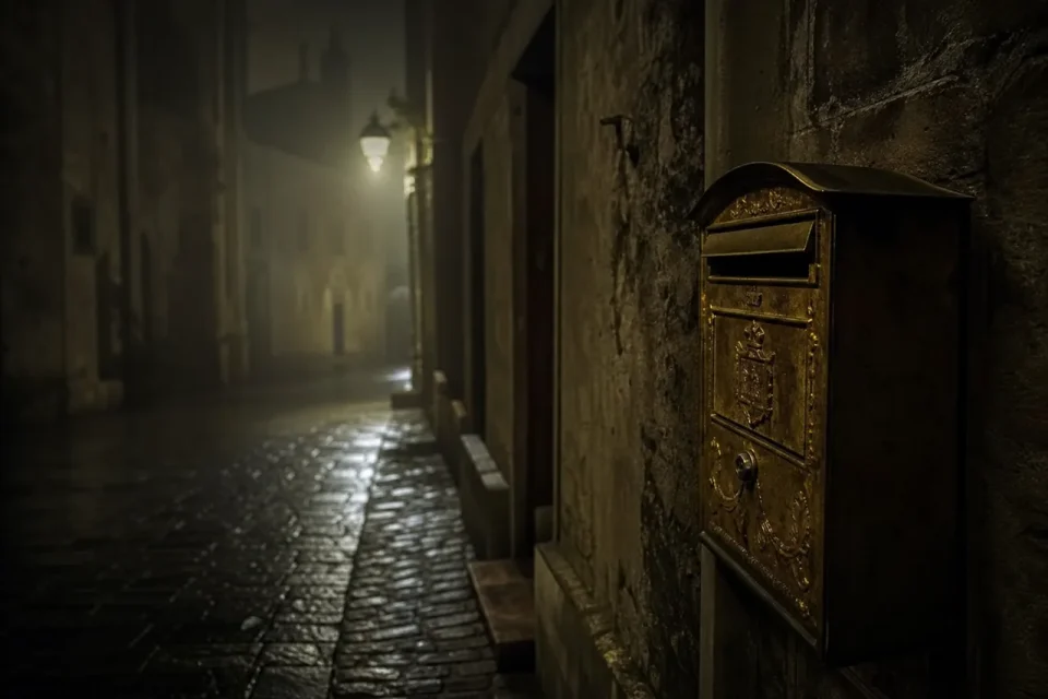 Contacto: buzón en calle empedrada nocturna
