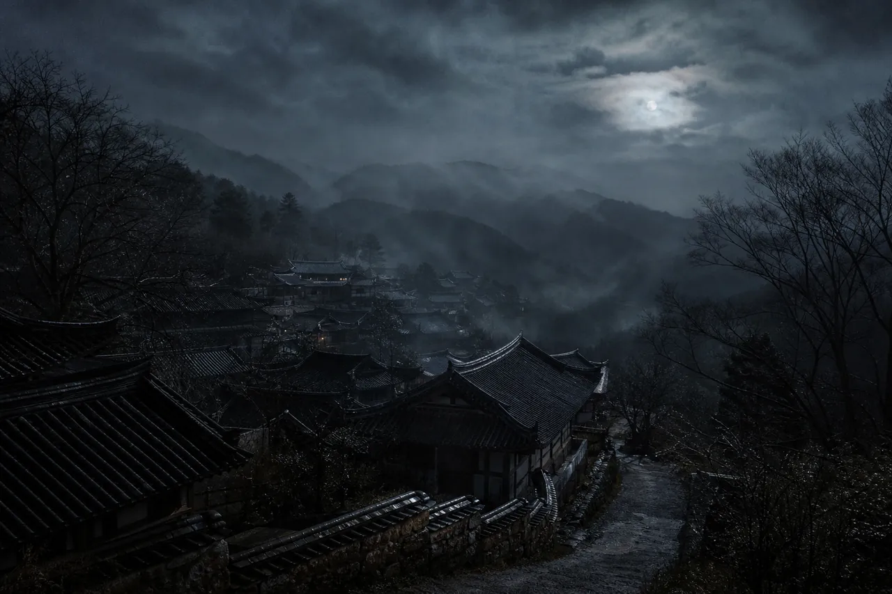 Corea: aldea hanok en montaña neblinosa