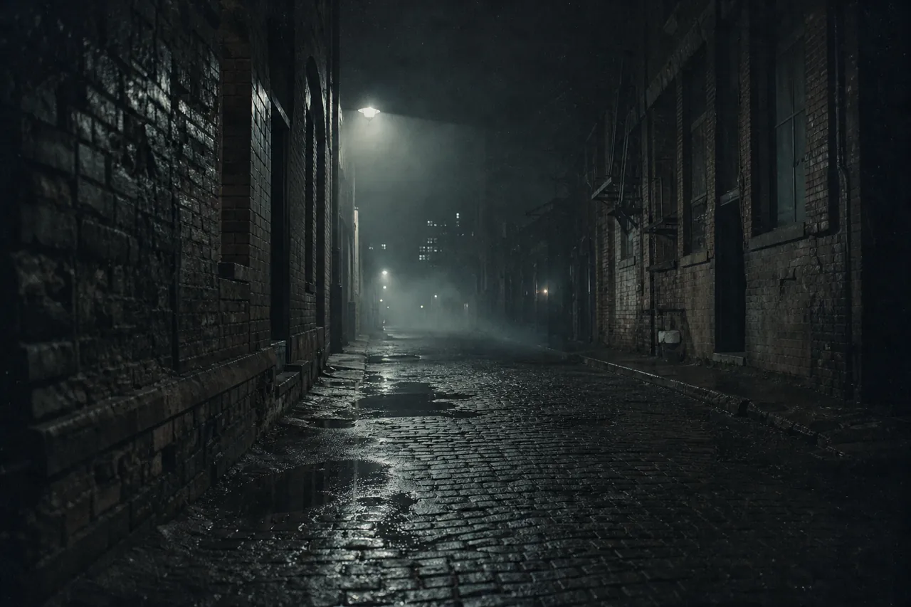 Crímenes y misterio: callejón urbano en niebla