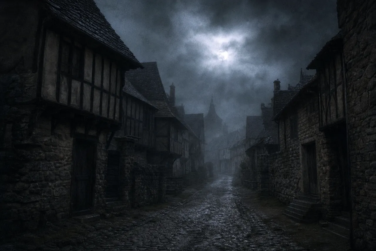 Europa occidental: aldea medieval en niebla