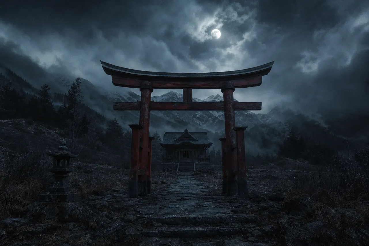 Japón: santuario rural con torii en niebla