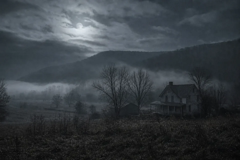 Norteamérica: granja rural en niebla