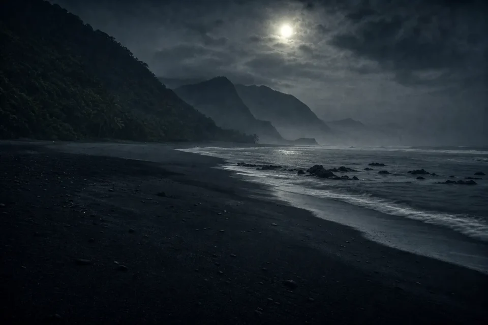Oceanía: costa volcánica desolada de noche
