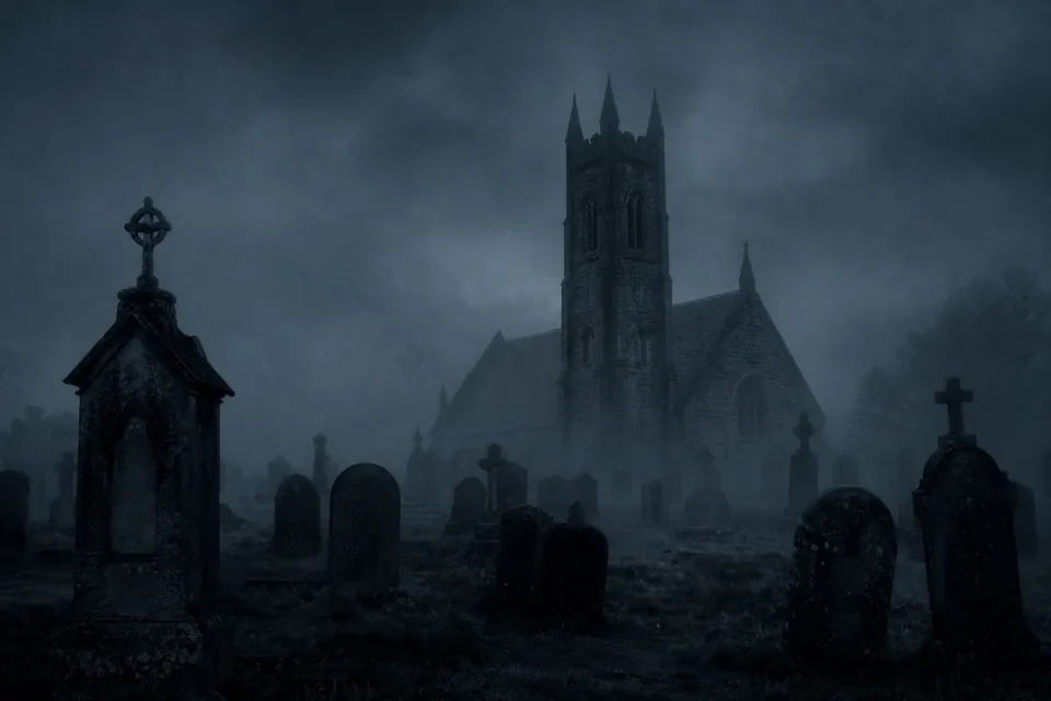Pactos y demonología: iglesia medieval en niebla