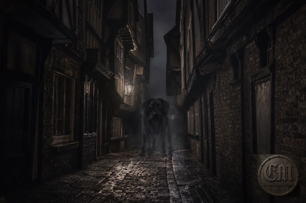 El Barghest, perro negro espectral, en un callejón de York