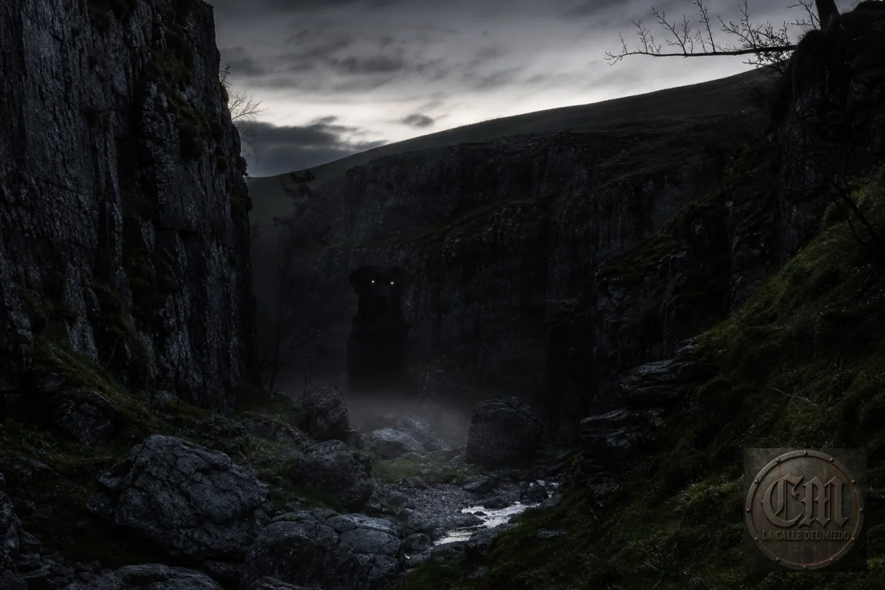 El Barghest acechando en la garganta de Trollers Gill, Yorkshire