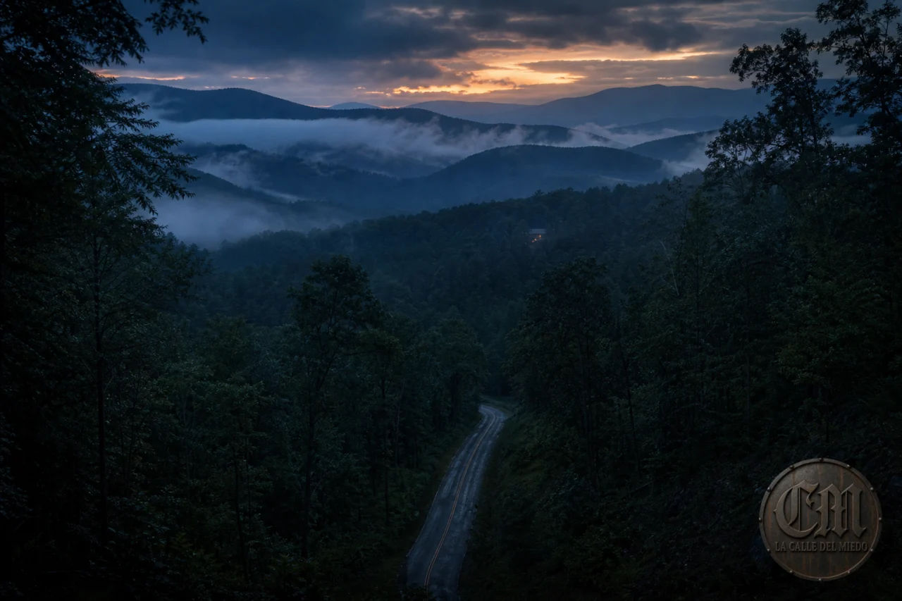 Apalaches Paranormal: Crestas azuladas de los Apalaches envueltas en niebla al anochecer, carretera de montaña solitaria