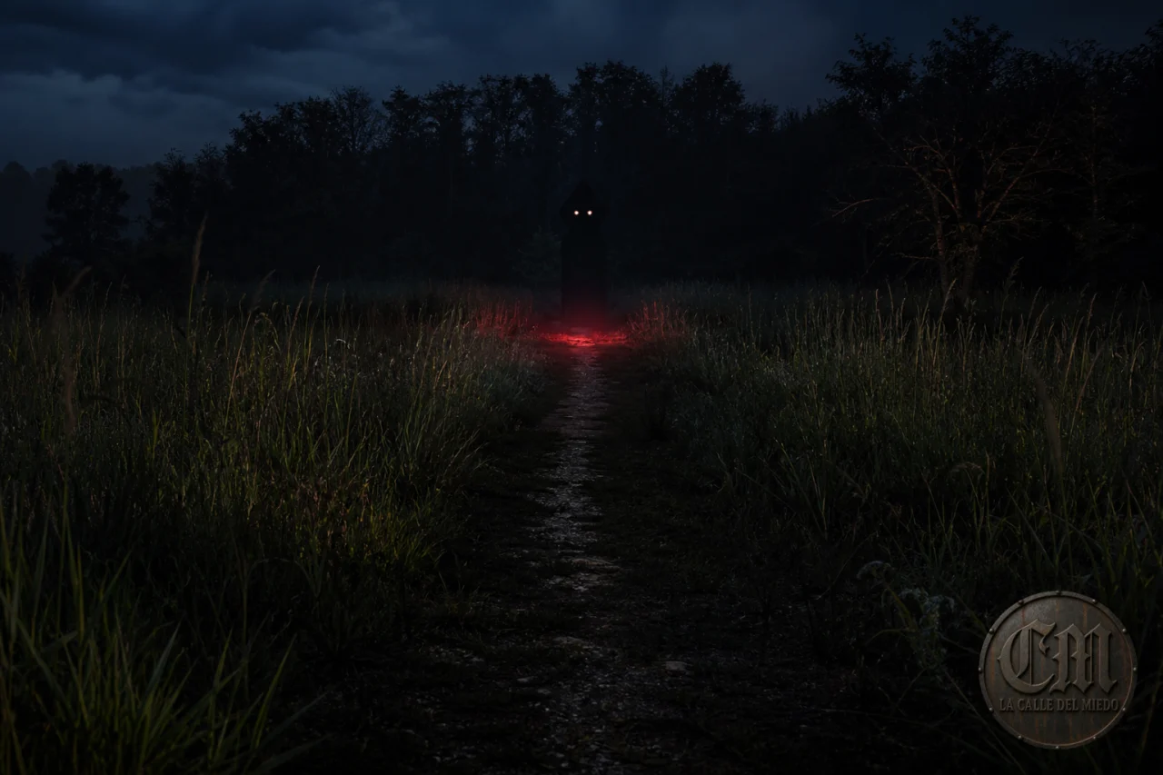 Silueta alta y extraña en un camino rural de Virginia Occidental de noche, ambientación Flatwoods