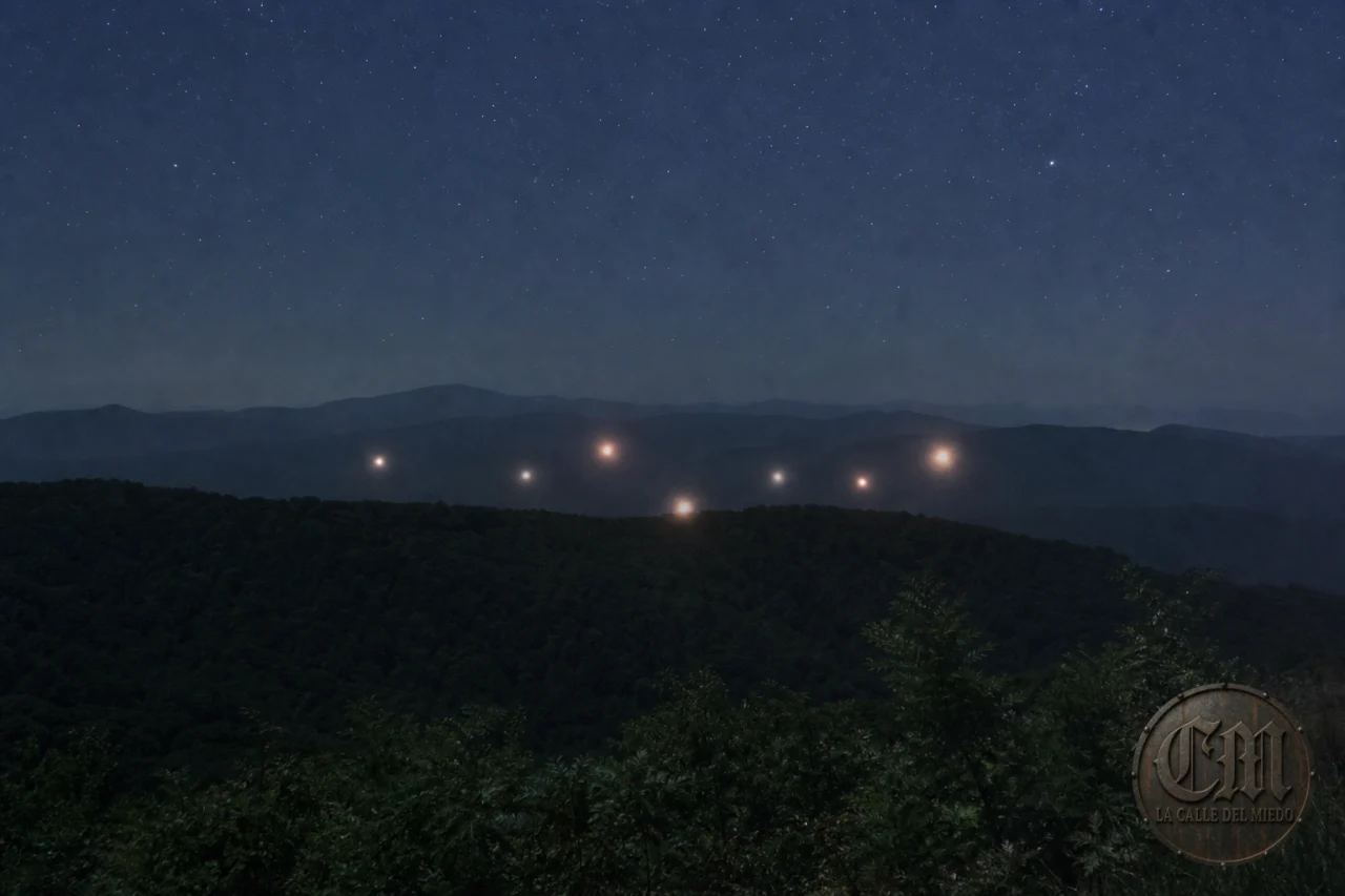 Orbes de luz misteriosos sobre crestas forestales nocturnas, evocación de las Brown Mountain Lights
