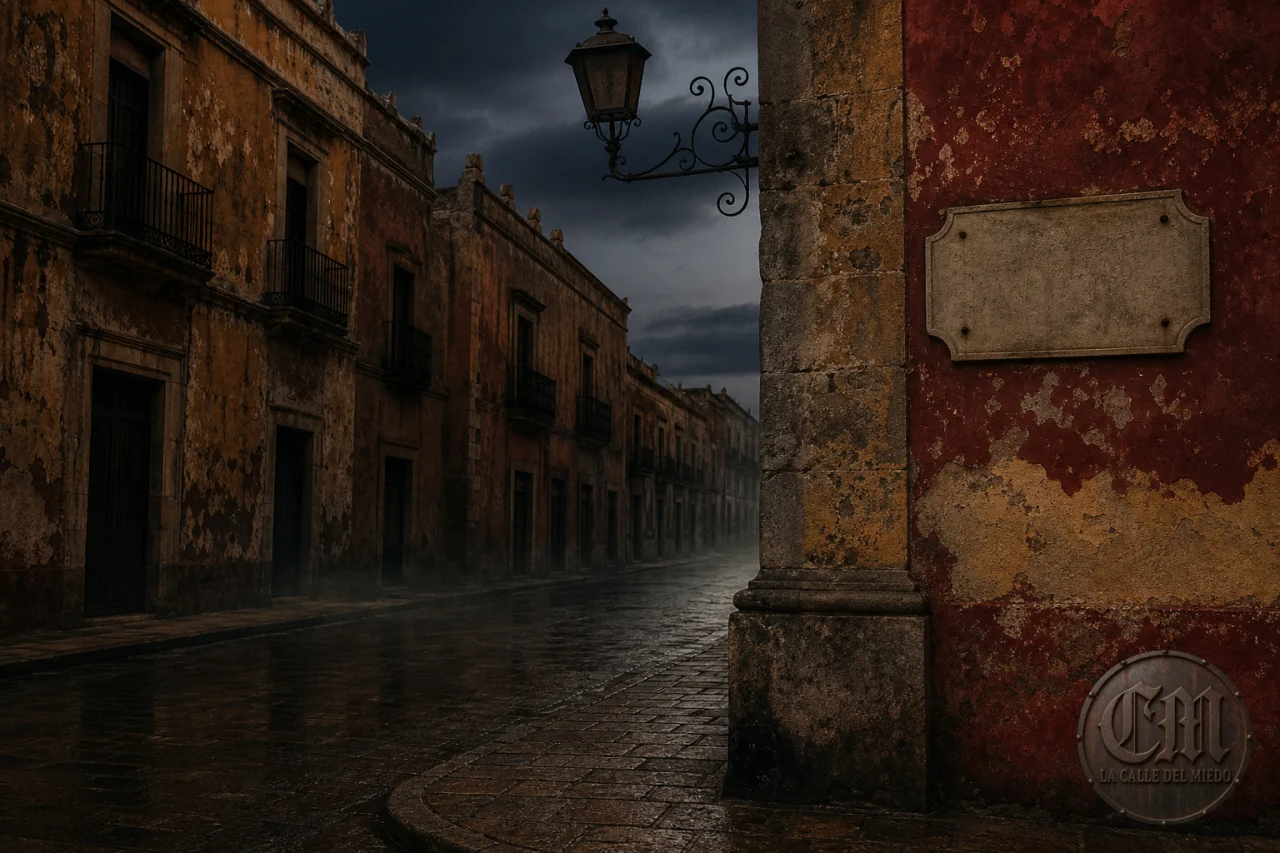 Esquina colonial al atardecer con placa antigua y farol, evocando la Calle del Terror de Aguascalientes