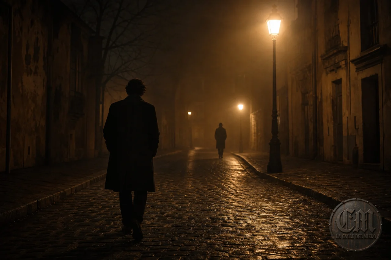 Doppelgänger: Doble espectral: dos siluetas idénticas en una calle europea con niebla