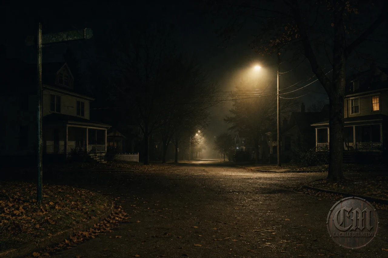 Calle suburbana estadounidense de noche entre la niebla, ambientación de los años noventa inspirada en Fear Street