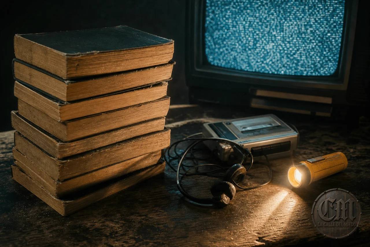 Pila de libros de bolsillo de terror juvenil de los años noventa iluminados con una linterna junto a un televisor antiguo con estática