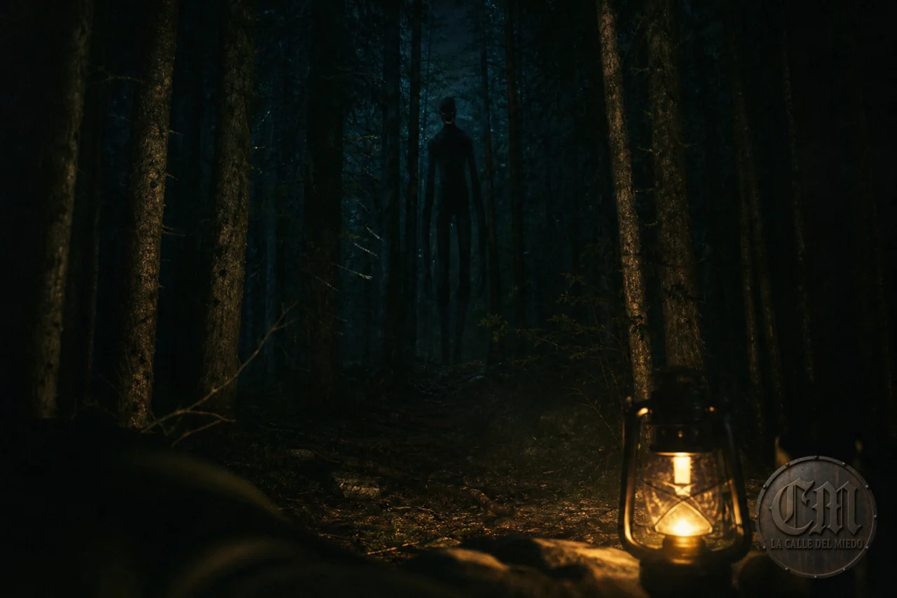 Mimics: Silueta antropomorfa demasiado alta entre árboles de noche, Mimic o Fleshgait