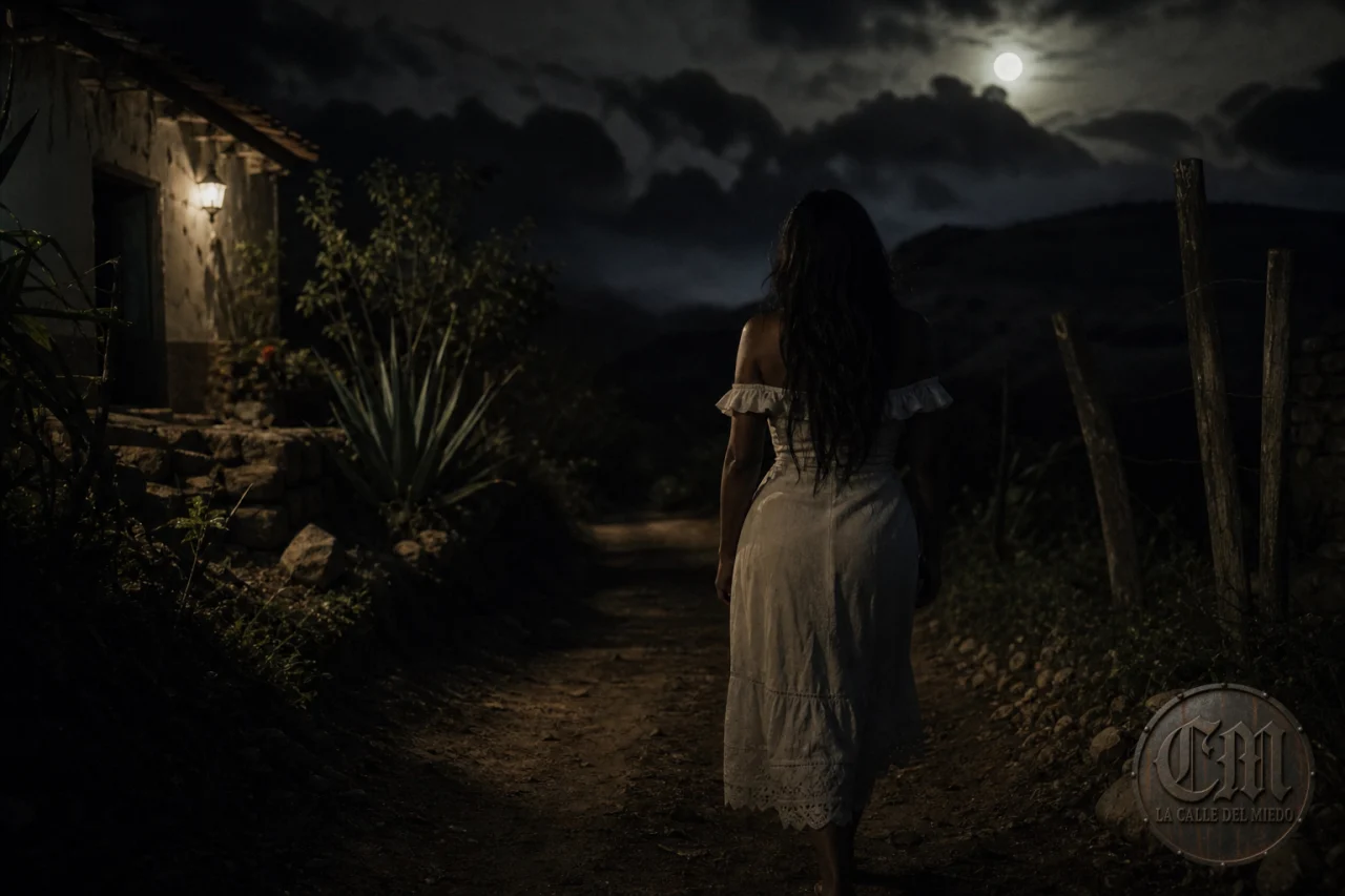 Figura femenina en un camino rural latinoamericano de noche, leyenda de la Muelona