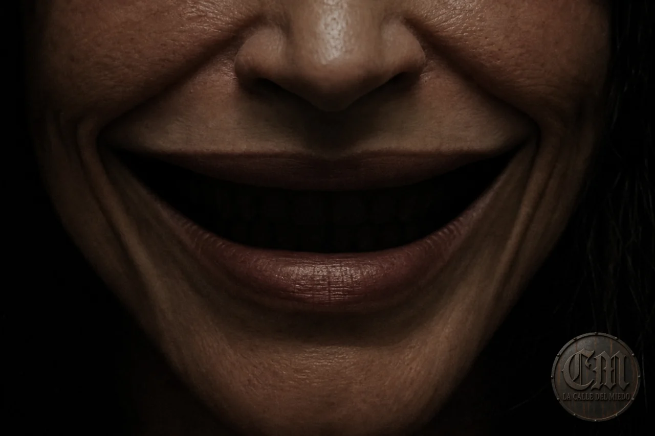 Primer plano en sombra de una sonrisa demasiado amplia, La Muelona