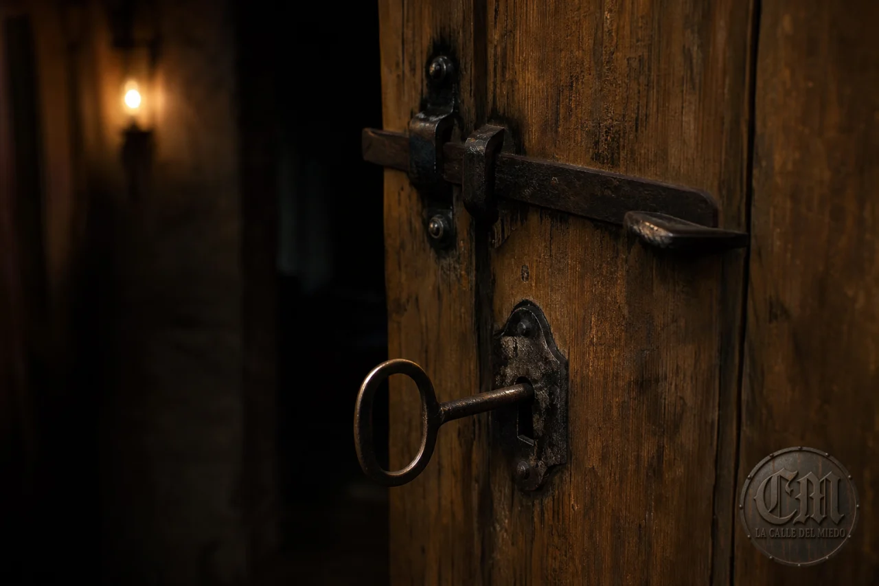 Detalle de llave y pestillo en una puerta entreabierta, folklore Vardøger