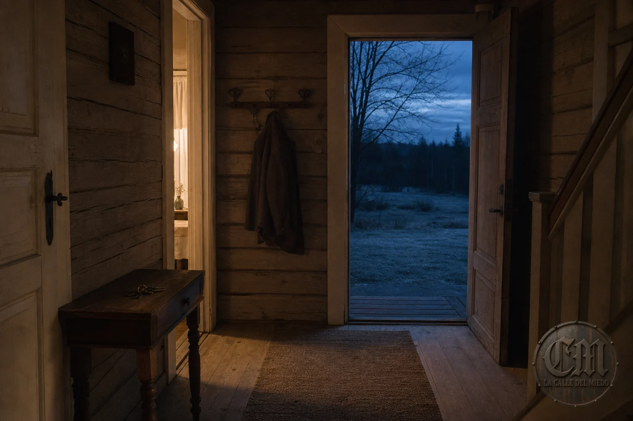 Pasillo y puerta abierta de una casa de madera escandinava vacía, ambientación Vardøger
