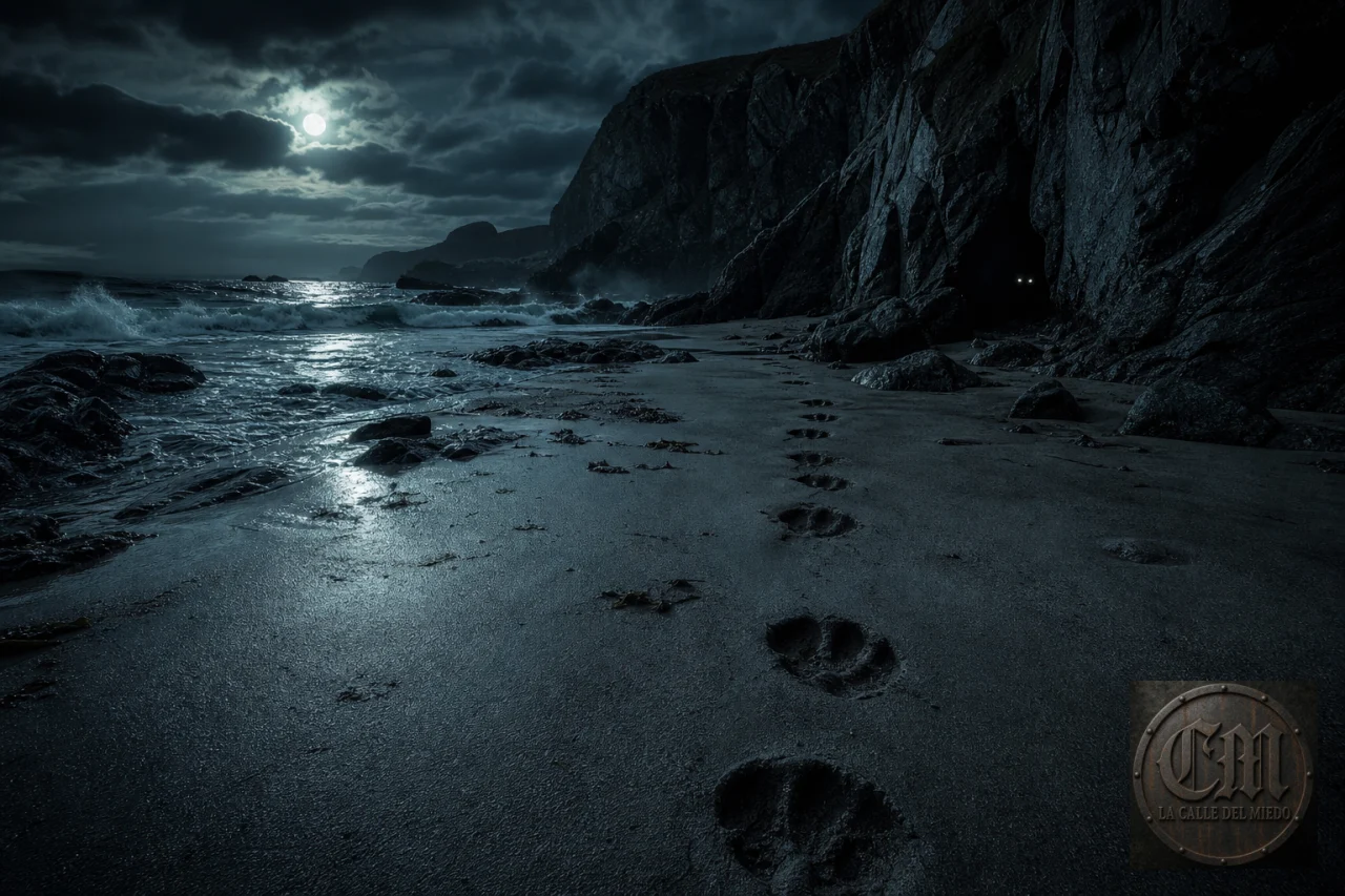 Huellas del Cù Sìth en una playa de las Hébridas bajo la luna
