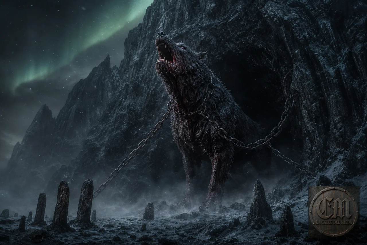 Garm, el perro encadenado ante la cueva Gnipahellir en la mitología nórdica