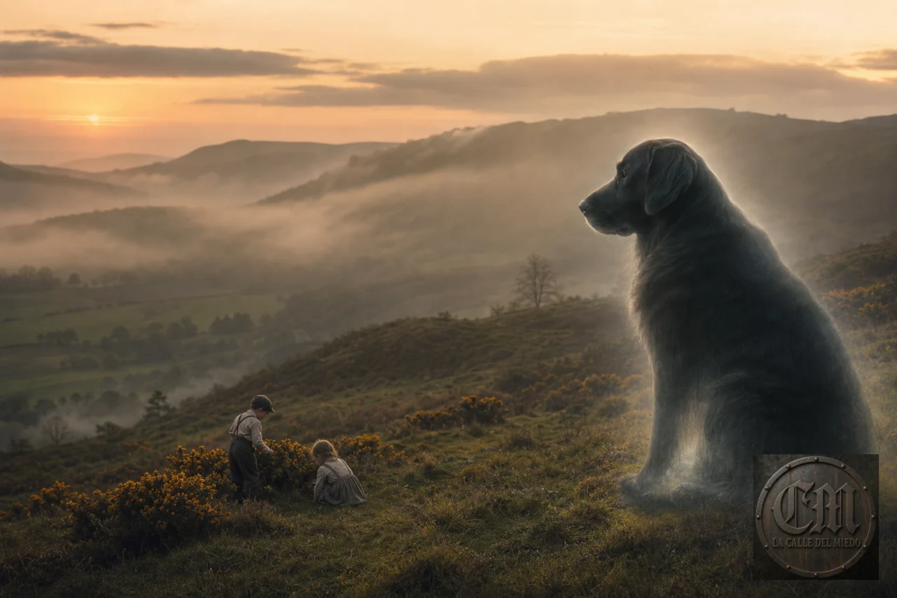 El Gurt Dog vigilando a unos niños en las colinas de Quantock, Somerset