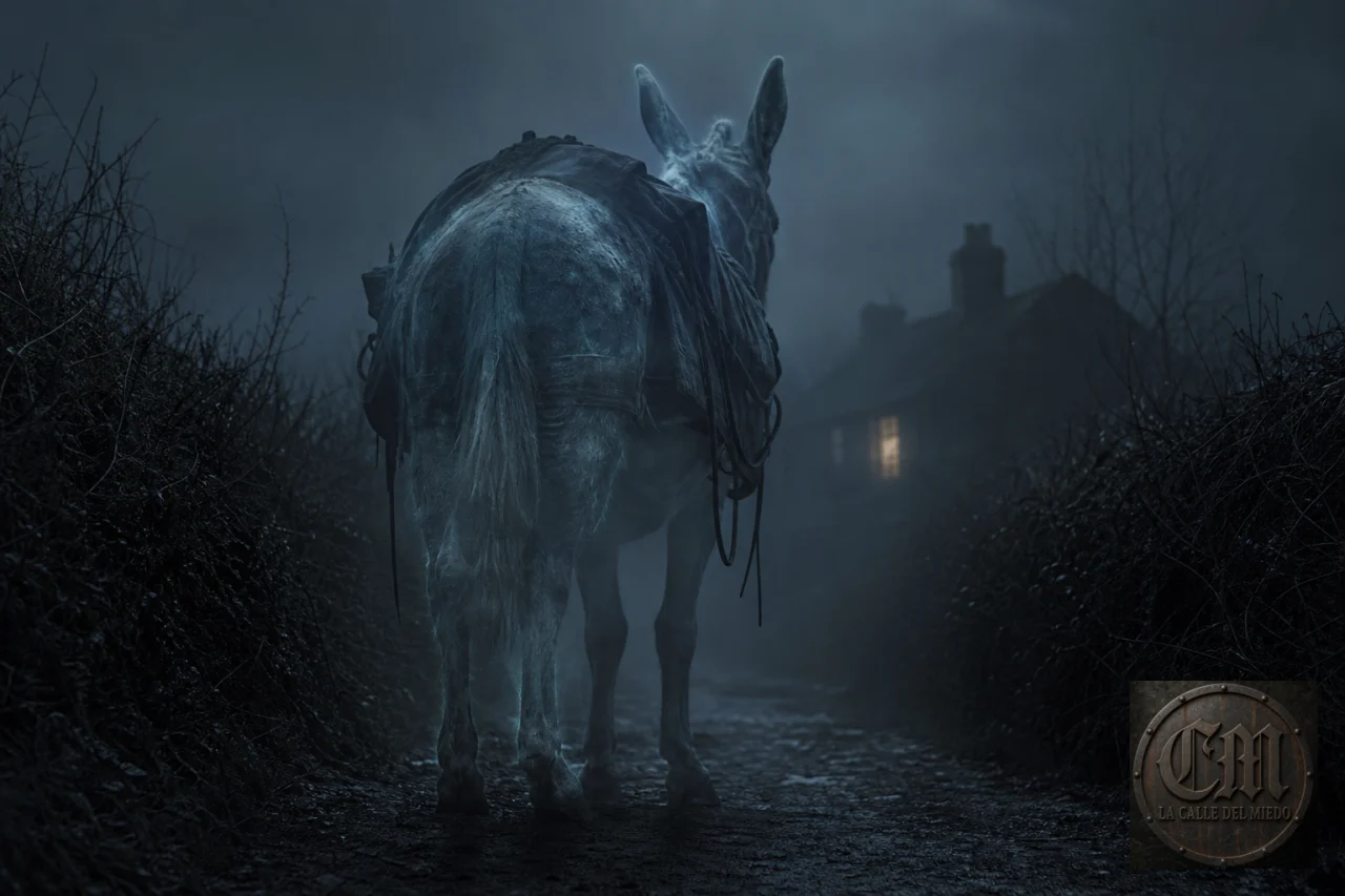 El Gytrash en forma de mula espectral en una vereda con niebla