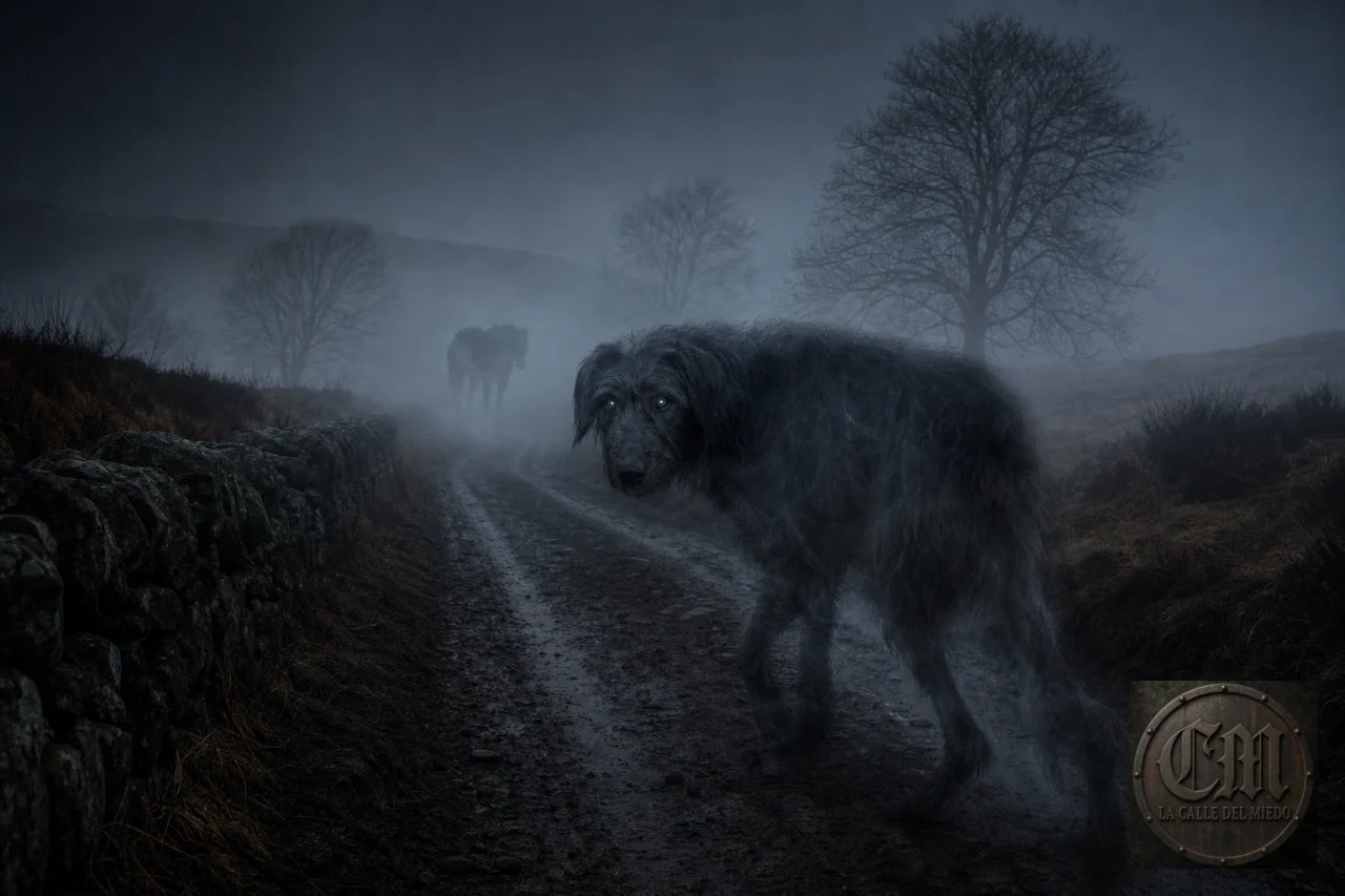 El Gytrash, perro espectral, en un camino de páramo del norte de Inglaterra