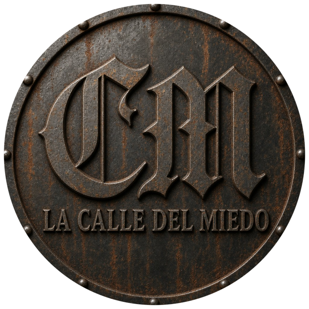 Logo de La Calle del Miedo, placa metálica circular con óxido