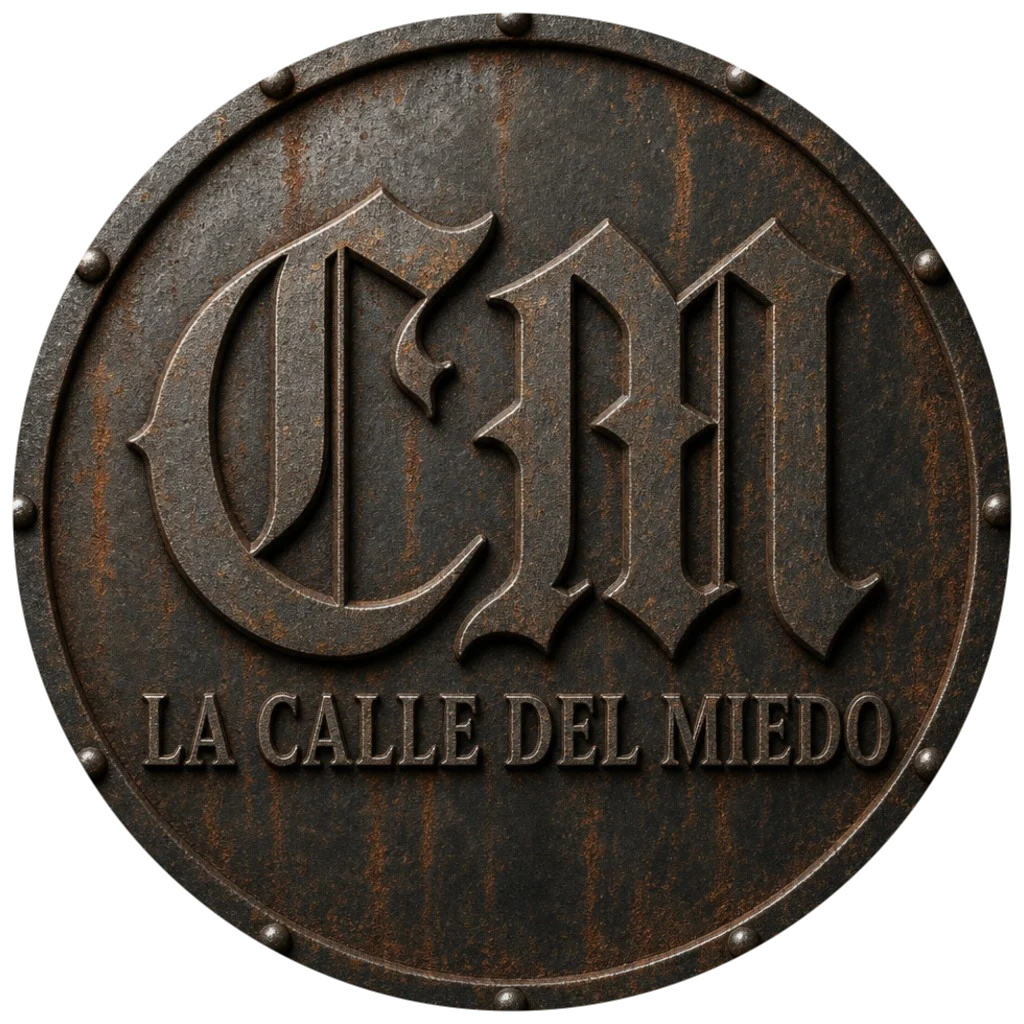 Logo de La Calle del Miedo, placa metálica circular con óxido