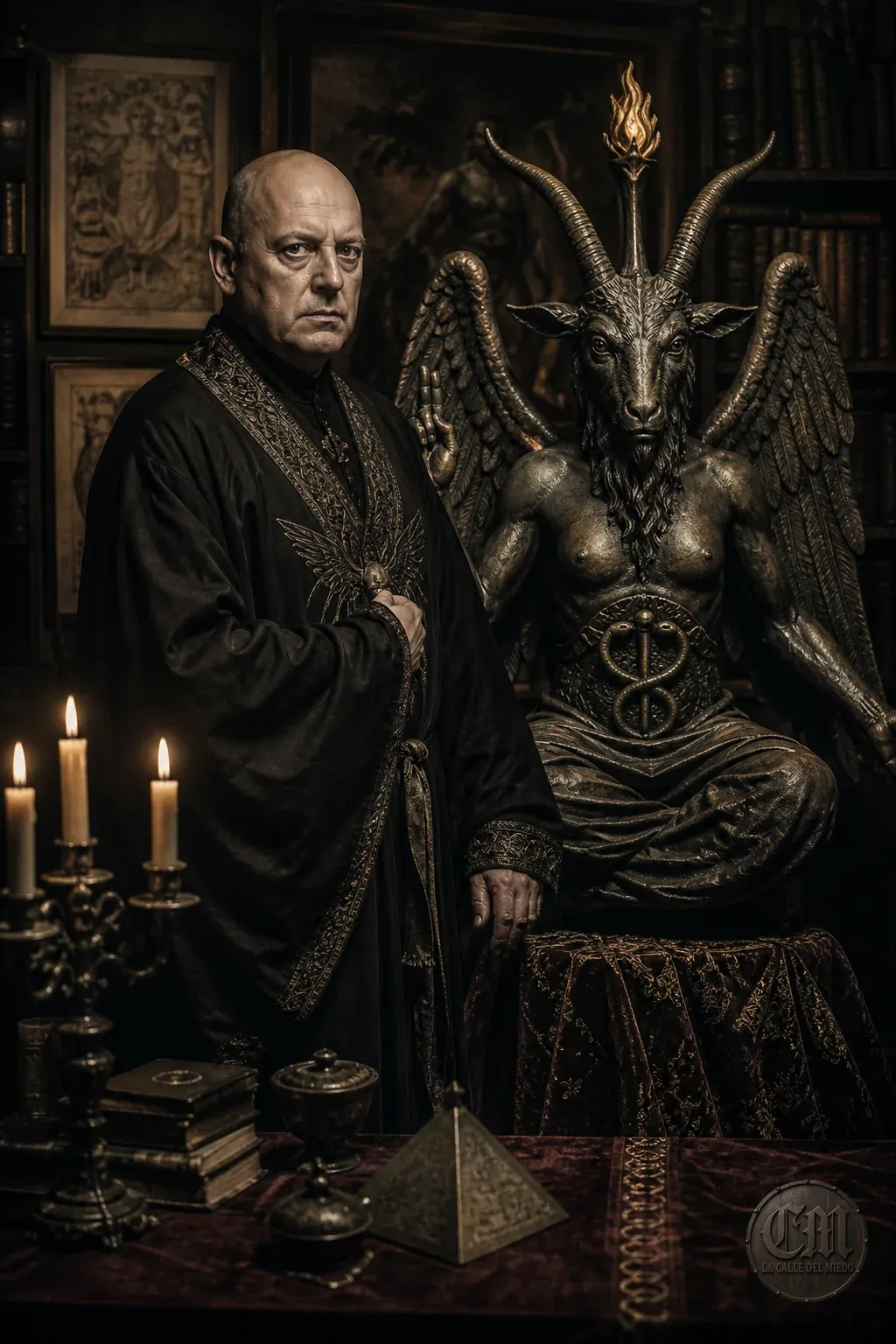 Aleister Crowley junto al símbolo de Baphomet, ocultismo ceremonial — La Calle del Miedo