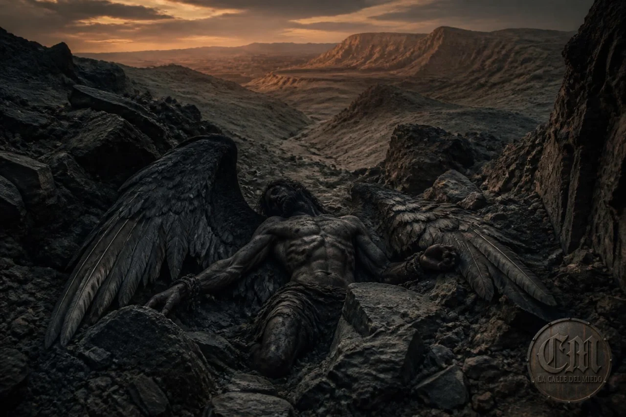 Azazel encadenado entre las rocas del desierto de Dudael