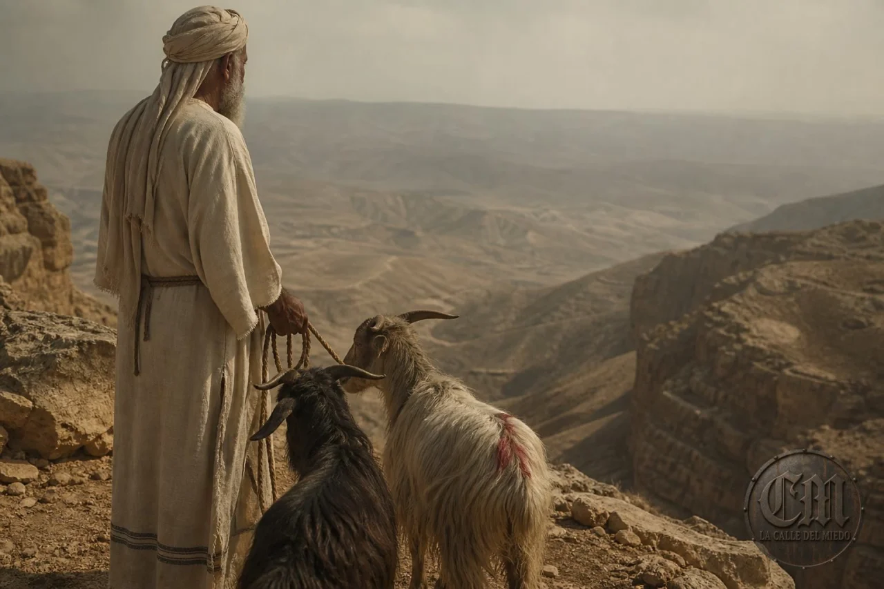 Sumo sacerdote y dos machos cabríos en el desierto de Judea, ritual de Yom Kippur