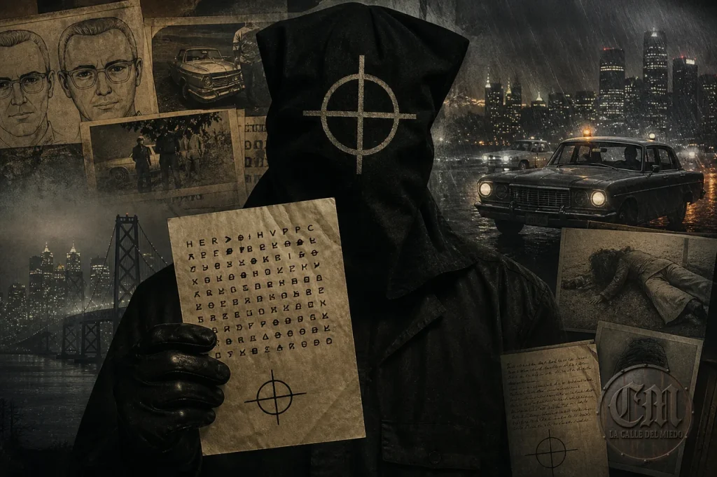 Zodiac Killer con máscara de crosshair y carta cifrada, San Francisco años 60 — La Calle del Miedo