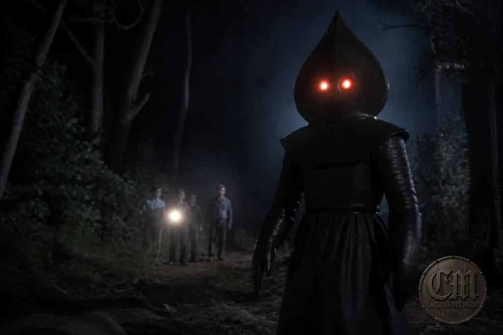 Monstruo de Flatwoods con cabeza en forma de pala y ojos rojos — La Calle del Miedo