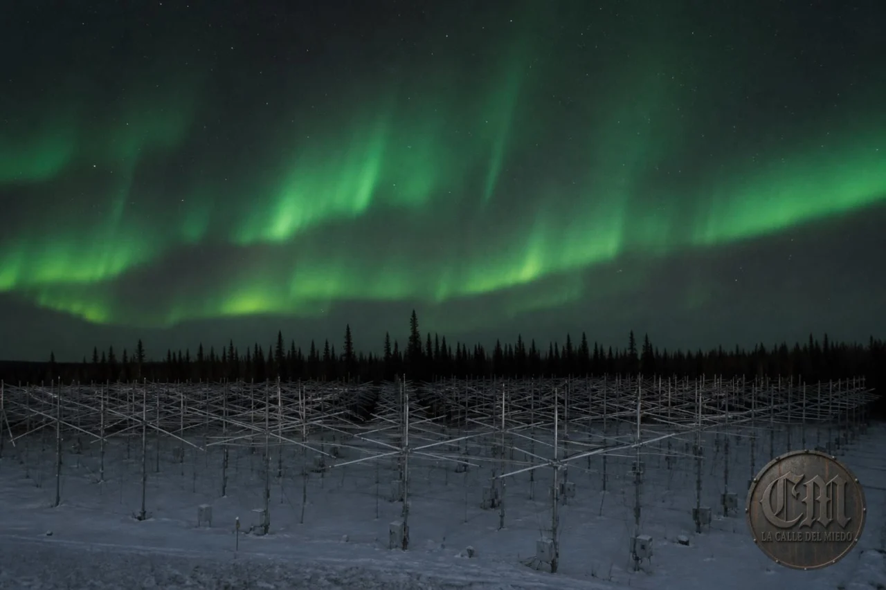 Campo de antenas HAARP en Gakona de noche, aurora boreal al fondo