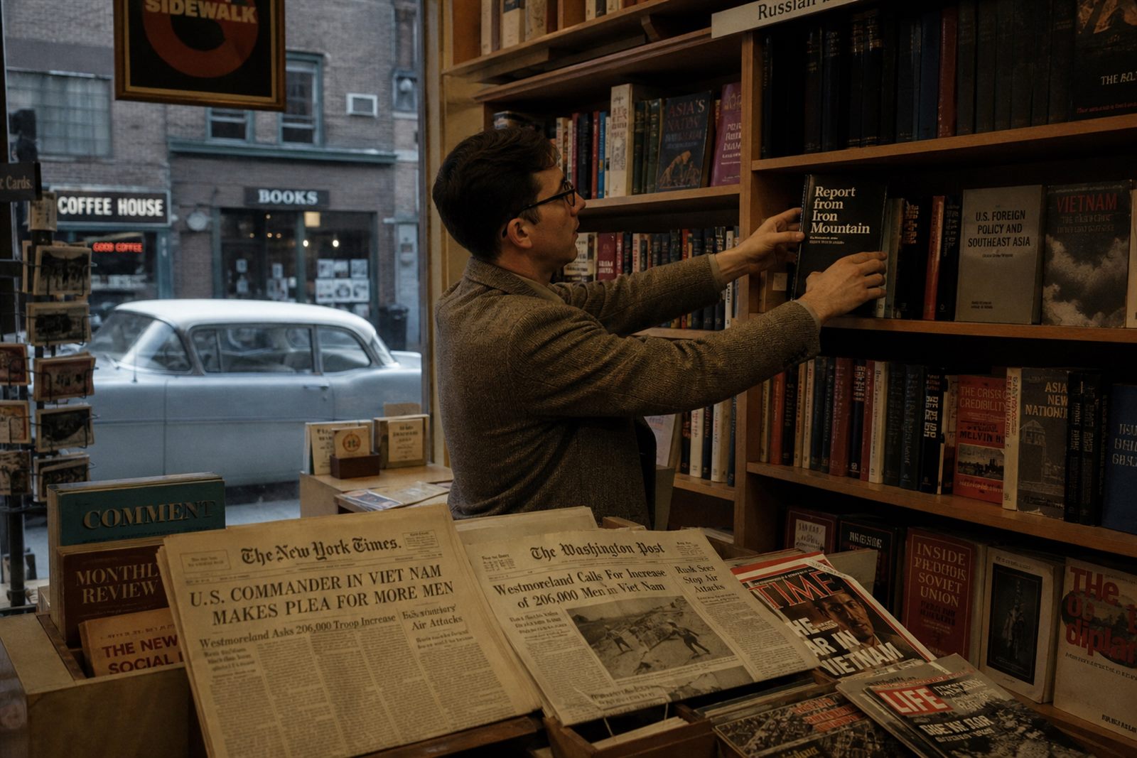 Librería de 1967 con el libro Report from Iron Mountain de Dial Press, recreación CDM
