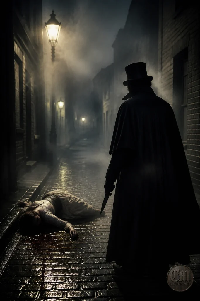 Jack el Destripador en calle victoriana de Londres, niebla y faroles — La Calle del Miedo