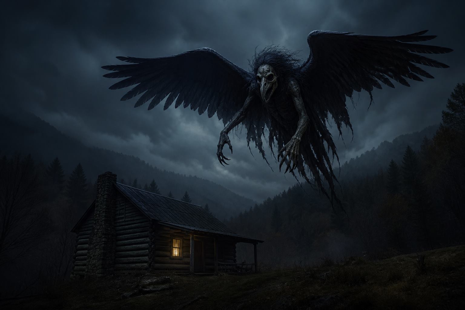 Spearfinger y Raven Mocker: Raven Mocker, bruja-cuervo cherokee, volando sobre una cabaña apalache de noche