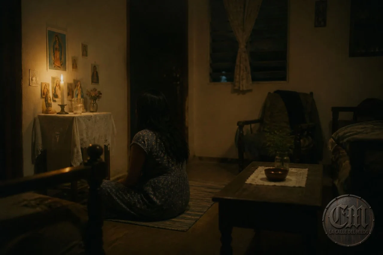 Altar de sala, vela encendida, después de la visita