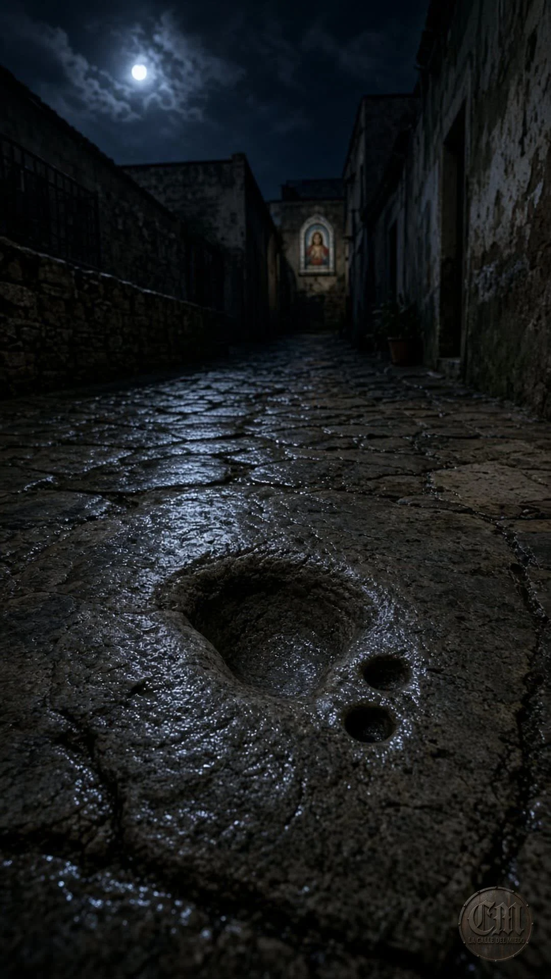 Piedra laja con el hueco de una rodilla, calle de Celaya