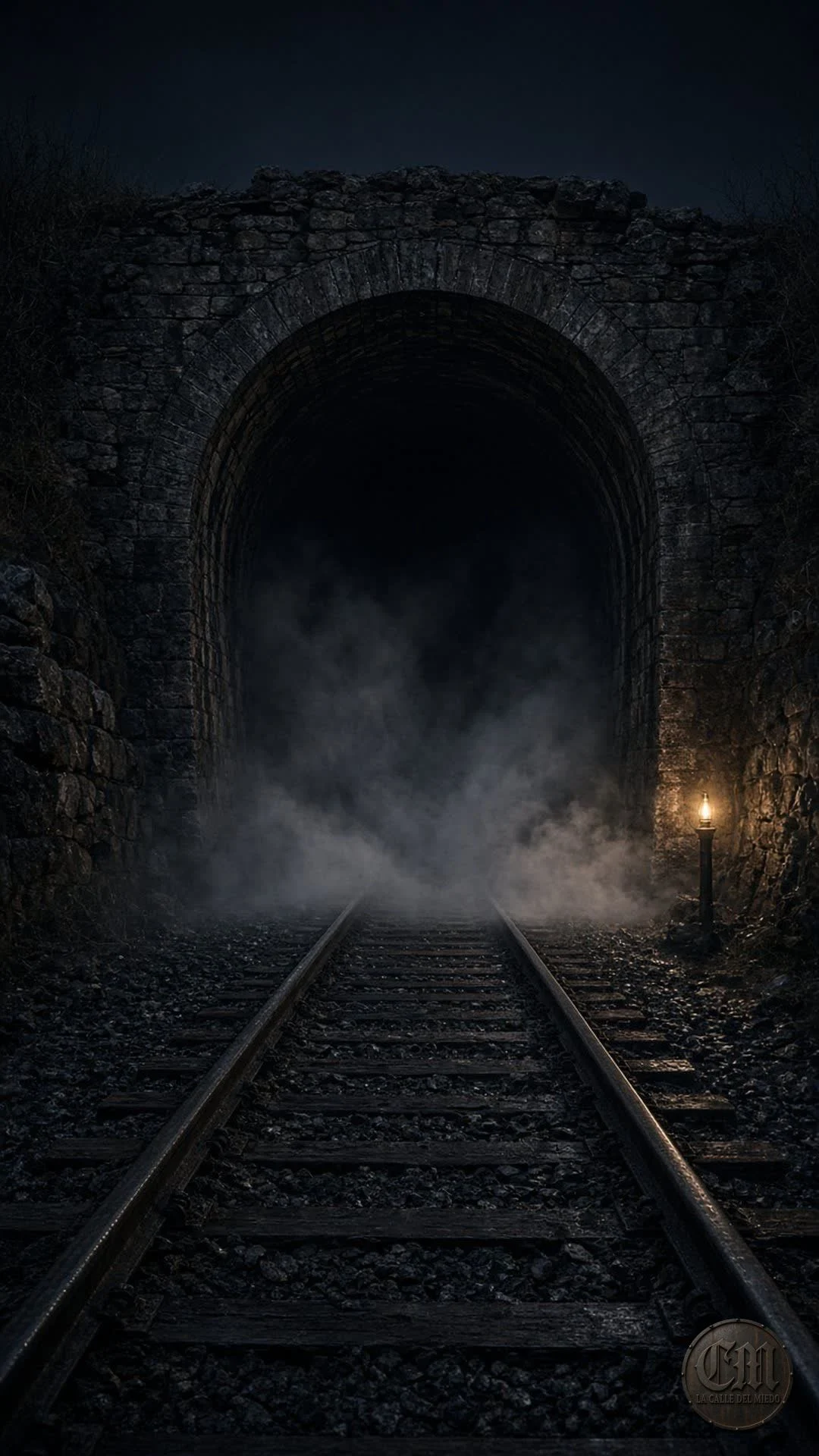 Boca de túnel ferroviario de noche, umbral de la criatura del túnel