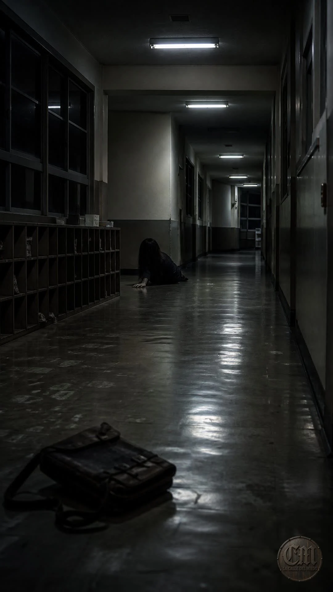 Pasillo de escuela de noche, recreación del umbral de Teke Teke