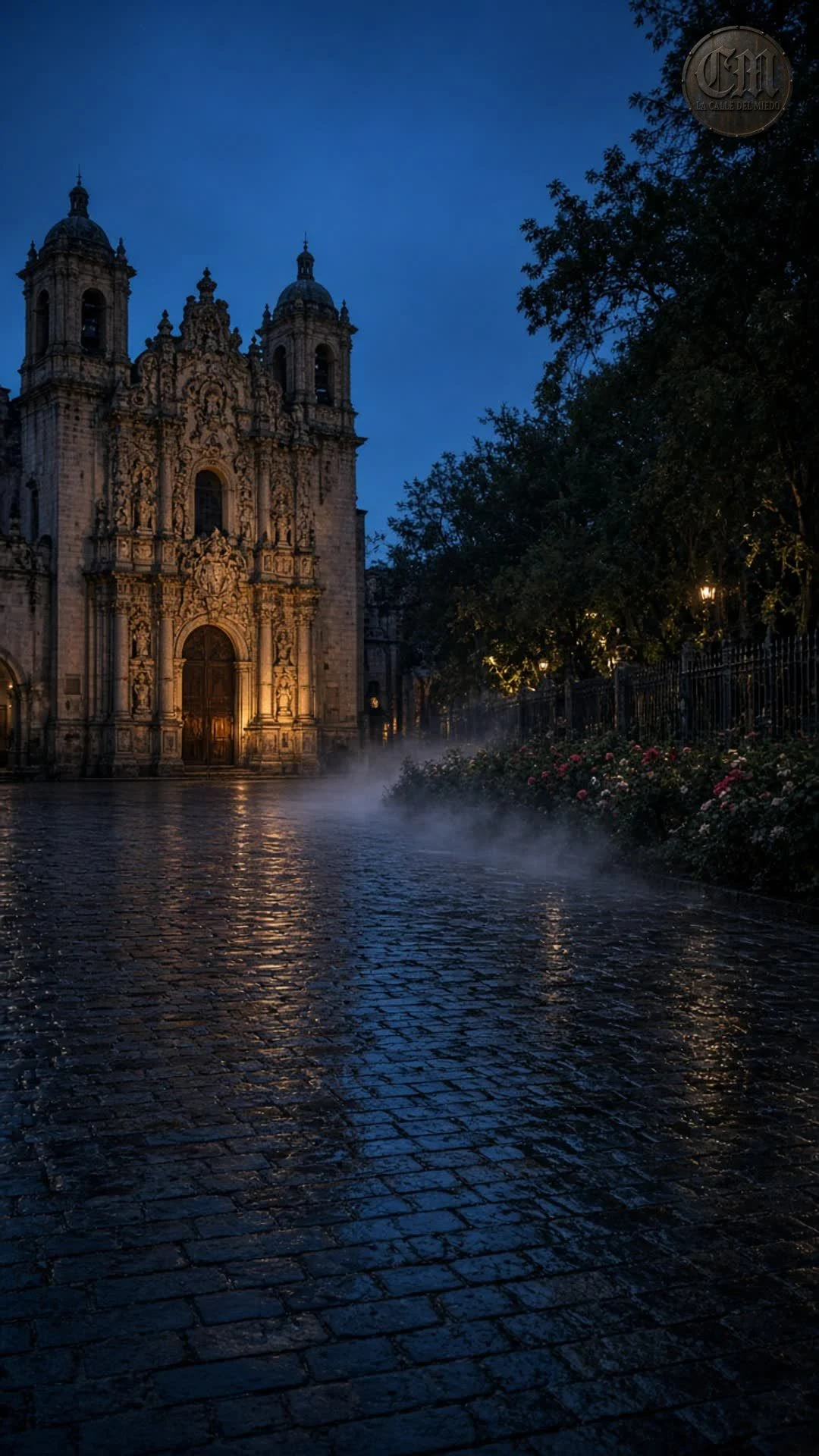 El Jardín de San Marcos de día: bancas, feria, el templo abierto y el fresno del lado norte a plena luz.