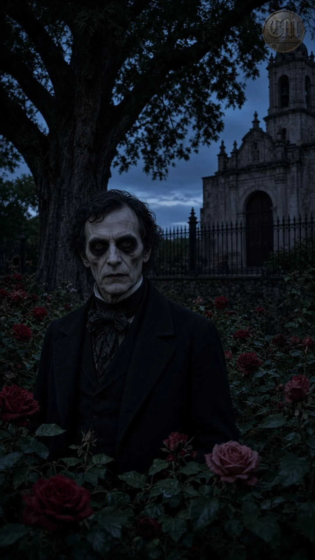 El fantasma del Jardín de frente, entre los rosales del lado norte, al alba