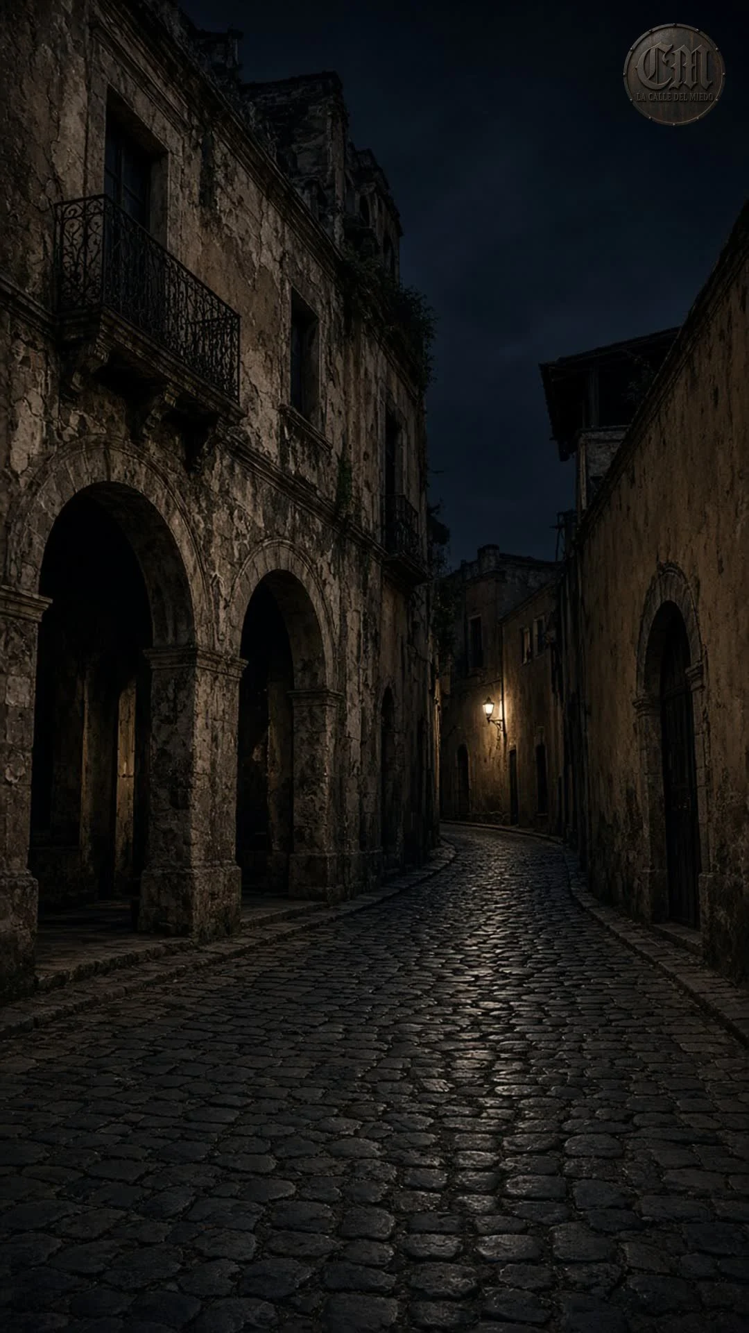Callejón estrecho del centro histórico de Victoria de Durango, con casas de cantera y faroles de calle.
