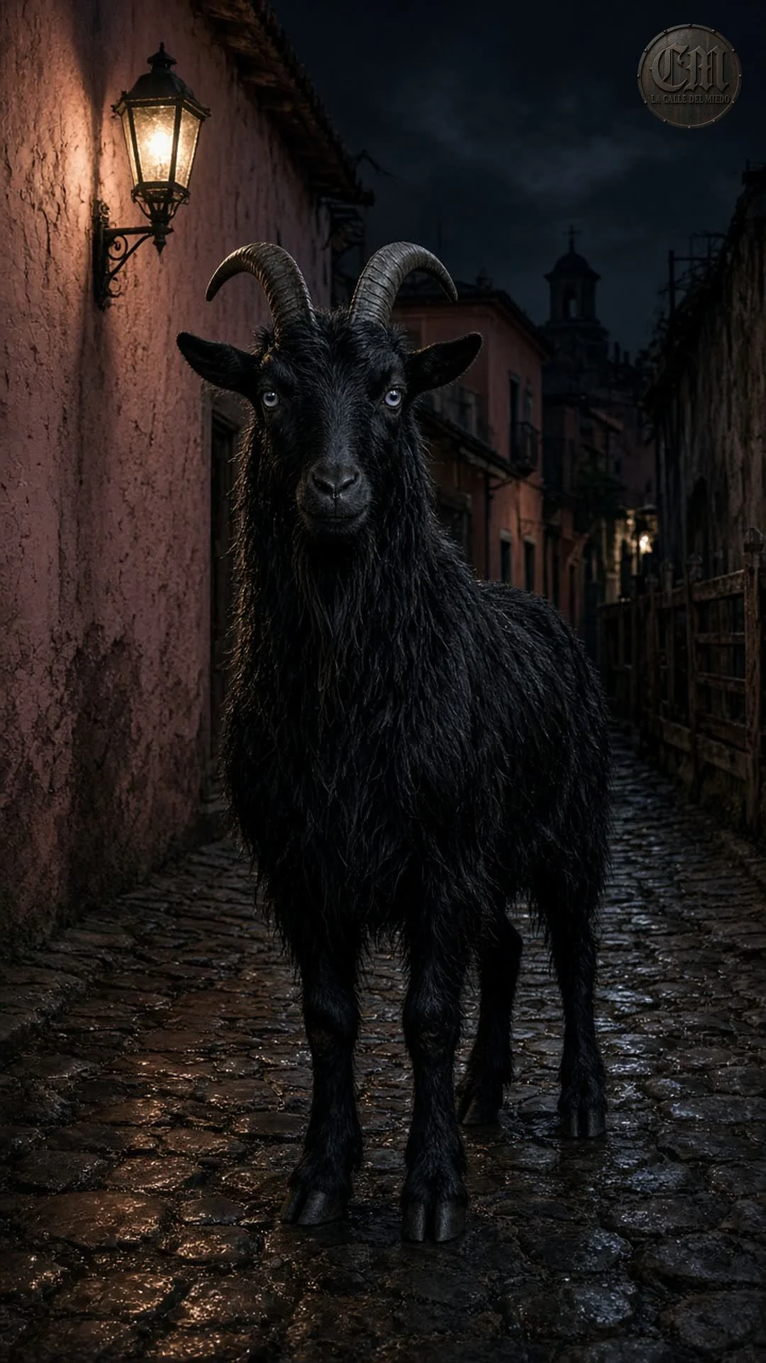 El chivo de Mocorito de frente en el callejón, de noche