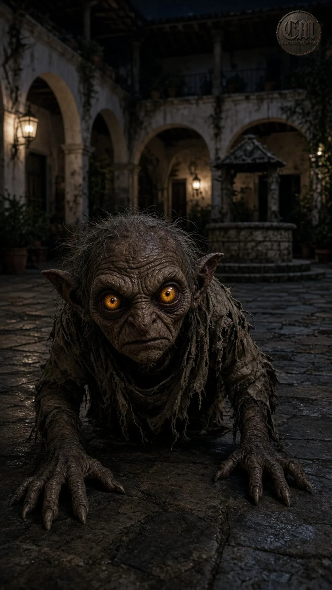 El duende de San Román de frente en el patio de la casona, de noche